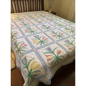 Vintage 90s Arch Quilt Elmsford N.Y. Cotton Applique Pastel Tulip Handmade 86X86